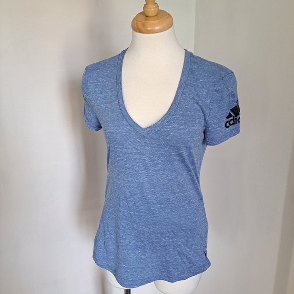Adidas | Blue v neck women's t shirt with logo on sleeve - Picture 2 of 11